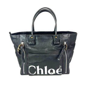 Chloe Eclipse Logo Embellished Black Leather Tote